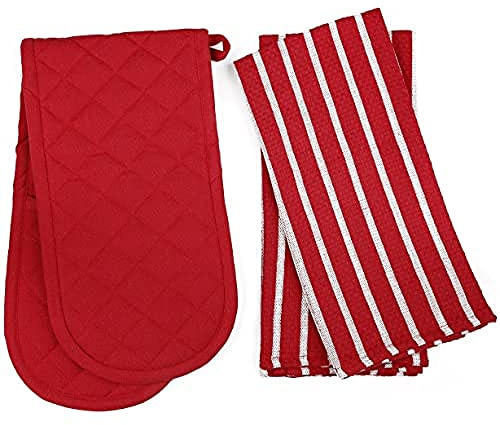 Penguin Home Heat Resistant Oven Gloves with Set of 2 Tea Towel Oven Mitt & Potholder for Home Cooking - Maximum Heat Protection/Kitchen Accessories (Red) Size - (18x90 & 65x45 cm)