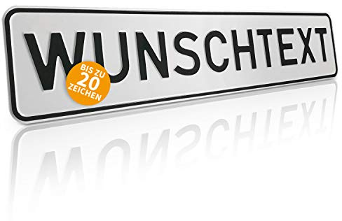 Betriebsausstattung24 Schild mit Wunschtext Aluminium 52,0 x 11,0 cm | Kennzeichenformat - Prägeschild mit Text - Schwarz auf weiß