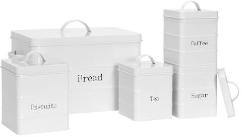 Harbour Housewares Metal Kitchen Canister Set - White - 5pc Vintage Retro Food Storage Preservation Canister Caddy Container Bread Bin with Airtight Fit Lid for Kitchen Organisation & Home Décor