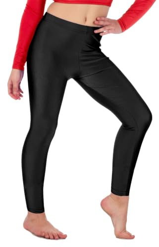 BODYWEAR LTD Girls Shiny Leggings – High Rise Footless Stretch Pants – Slim Fit Nylon Trousers Ideal for Dance, Ballet, Gymnastics, Yoga, Workouts, and Performance Wear (Black, 9-10 Years)