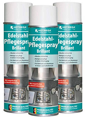 HOTREGA Edelstahl-Pflegespray Brillant 3x 500ml | Schlierenfreie Reinigung & Pflege | Vermindert Fingerabdrücke | Für Küche, Haushalt & Geräte