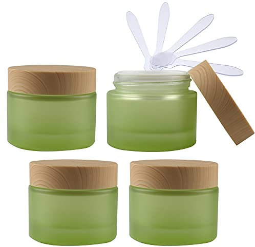 TIANZD 4 Pieces 50ml Empty Green Glass Cosmetic Jars with Screw Lid, 50g Small Containers Storage Pot for Cosmetic Travel Homemade Cream Gel Lip Balm Salve + 4x Spatula