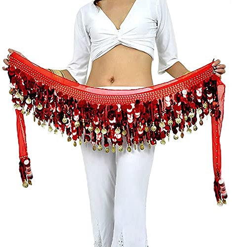 G-LIKE Bauchtanz Hüfttuch Taillenkette Gürtel – Professionelles Tanzkostüm Sexy Tanzkleid Rock Outfit Zubehör mit 88 Münzen Pailletten Hüftschal für Damen Mädchen Doppellagig – 160 cm (Rot)