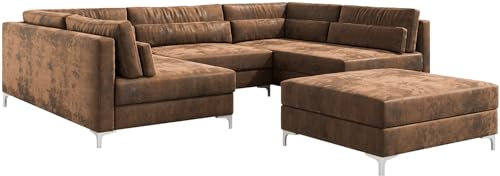 DELIFE Sofa Elio Lederimitat Vintage Braun Antik 300x185 cm mit Hocker Wohnlandschaft