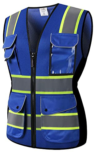 JKSafety 9 Pockets Women Hi-Vis Reflective Safety Vest | Mesh Neon Blue | Reflective Strips with Yellow Extended Trims | ANSI Compliant (168-Blue, M)
