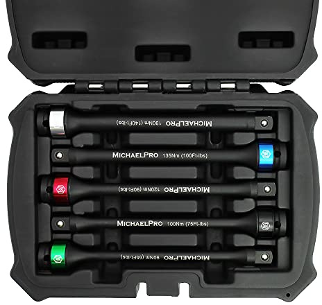 MichaelPro MP001207 5-Piece 1/2-Inch Drive Torque Limiting Extension Bar, 65 to 140 Ft-Lbs (90 to 190 Nm), 8-Inch Length, Heavy Duty Torque Applications