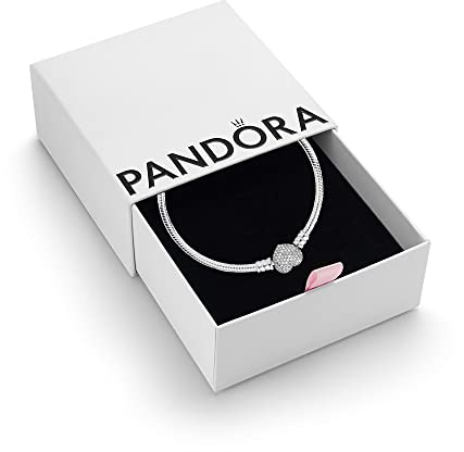 PANDORA Moments Women's Sterling Silver Sparkling Heart Clasp Cubic Zirconia Snake Chain Bracelet for Charms, Size 19, With Gift Box