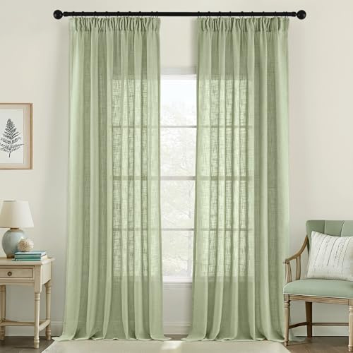 MIULEE Gardinen mit Kräuselband Leinen Vorhang 2er Set Grün 245x140 cm | Halbtransparent Leinenoptik Schiebevorhang, Modern Voile Vorhänge für Wohnzimmer Schlafzimmer