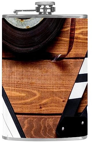 Flasque avec entonnoir Flacons personnalisés,film clap en bois,Petit flacon portatif en acier inoxydable pour l'alcool