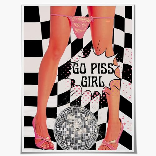 XHXHDH Trendige Badezimmer-Wandkunst, Vintage-Poster, lustige College-Rosa, Raumdekoration, coole Poster, Go Piss Girl, Discokugel, Poster für Wohnzimmer, Toilette, Wohnheim, Wohnung, Bar (Vintage,