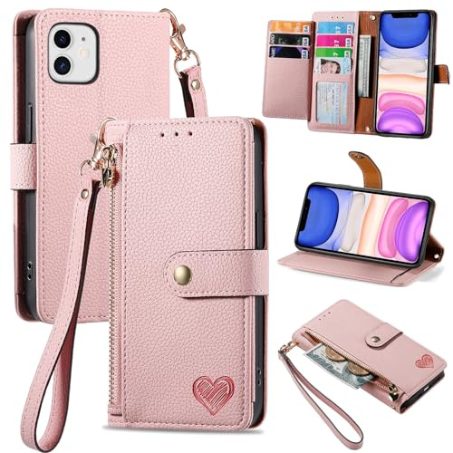 VEEMOS Handyhülle für Apple iPhone 11 Hülle Klappbar Klapphülle Schutzhülle mit Kartenfach RFID Reißverschluss Handy Tasche Leder Flip Case Cover Handytasche Frauen - Rosa