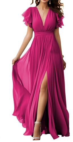 Vestido de dama de honor de gasa con cuello en V con abertura y manga con vuelo, vestido formal plisado de gasa para mujer, fucsia, 40