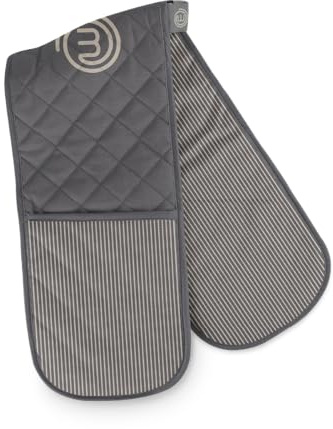 MasterChef Oven Gloves Heat Resistant, Double Oven Gloves Made from Cotton with Official Show Logo & Hanging Loop, Attached Oven Mitts, Machine Washable, Heat Proof Pot Holders for the Kitchen, Earth