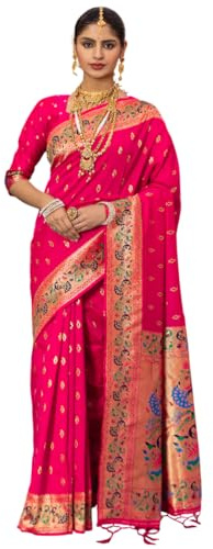 Jaanvi fashion Women's Paithani Silk Saree With Gold-Toned Zari Work & Blouse Piece (queenly-paithani-pink)