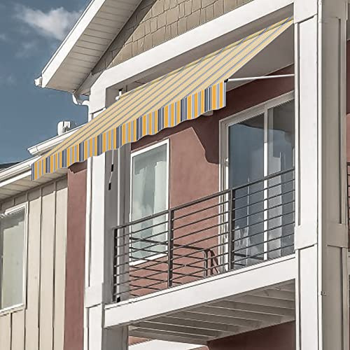 Fiqops Klemmmarkise Markise Balkon 250cm Breit, Balkonmarkise Handkurbel höhenverstellbar ohne Bohren, UV-beständig Sonnenschutz wasserdicht für Terrasse Balkon Veranda, Gelb-Blau