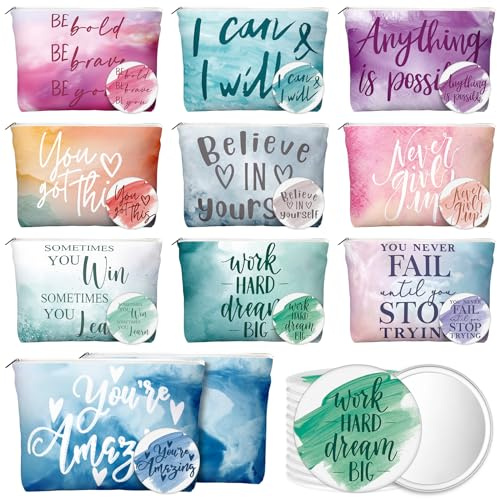 Vercraft 20 Pcs Employee Appreciation Gifts for Women Teacher Inspirational Canvas Makeup Bag Portable Compact Mirror Bulk Cosmetic Bag Thank You Gifts Volunteer Nurse Coworker (Motivation,Pastel)