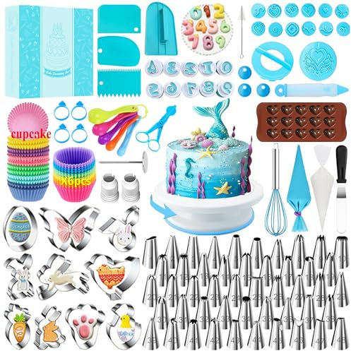 AZOMKER Piatto Girevole per Torte, Kit Pasticceria, Kit Pasticceria Professionale, Set Pasticceria, Pasticceria Accessori, Accessori Pasticceria, Bocchette Sac a Poche Professionali (307 Pezzi)
