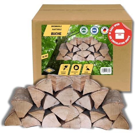 BAVAFIRE Brennholz Buche 20kg - Kaminholz getrocknet & ofenfertig 25cm Scheitlänge - Feuerholz für Kamin, Ofen & Feuerschale