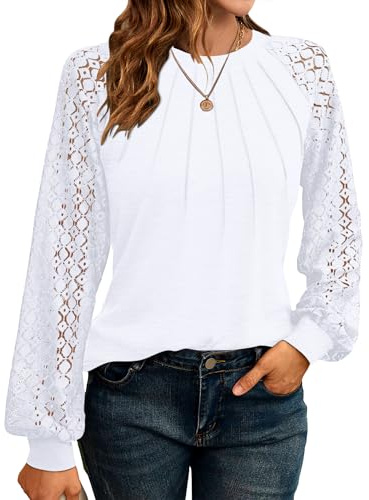 WNEEDU Blusas de Mujer Elegantes Camisa De Primavera Y Otoño Cuello Redondo Camisa De Manga Larga Encaje Camiseta Casual