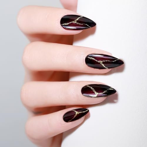 24 Stück Künstliche Nägel Rot und Schwarz, Kunstnägel zum Aufkleben, Falsche Fingernägel mit Nail Glue, Mandelförmige Nagelspitzen, Vollabdeckung Kunstnägel, Press on Nails Set, Red Black False Nail