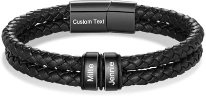 kaululu Personalisierte Herren Lederarmband mit Namen Graviert Perlenarmband Schwarz Braun für Männer Papa Opa Freund Vatertag Geschenke Weihnachten Personalisierte Geschenke Männer