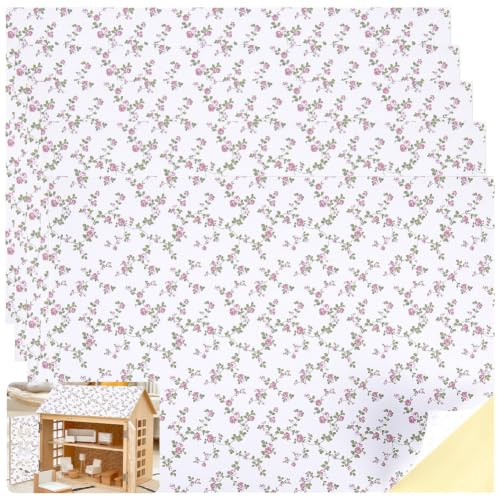 craspire 6 Feuilles Mini Maison Rose Papier Peint Floral Planches Rural Autocollant Victorien Vintage Miniature Plancher Papier Mural 12.7x8.3in DIY Mini peaufiner et Coller Autocollants décoration