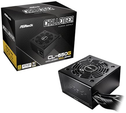 ASRock Challenger - Fuente de alimentación de 650 W ATX 3.1 Auto iCOOL Control Inteligente del Ventilador de 120 mm, Hoja de Golf 80 Plus, Certificado Dorado, no Modular CL-650G