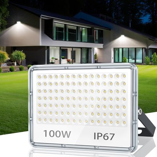 TASINUO Projecteur Exterieur LED 100W, 10000LM Spot LED Extérieur IP67 Imperméable, 6500K Blanc Froid Eclairage Exterieur pour Jardin Terrasse Garage Usine