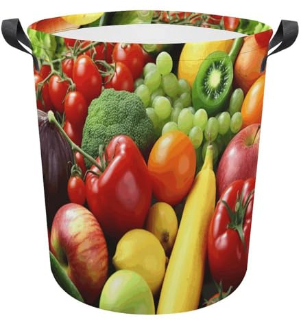 Cesto portabiancheria con verdure fresche e frutta, cesto portabiancheria, cesto portaoggetti, impermeabile, circolare, con manici, portatile, cesto portabiancheria sporco, contenitore portaoggetti pe