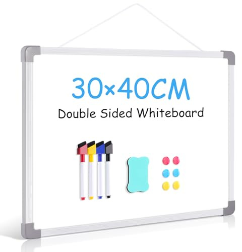 QUEENLINK Kleines Whiteboard 30 x 40 cm, doppelseitige magnetische Weißtafel, Kunststoffrahmen zum Aufhängen, Mini-Trockenlöschtafel für Wand, tragbare Schreibtafel