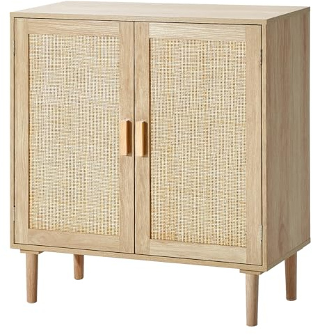 VEVOR Rattan Storage Cabinet with 2 Magnetic Doors and Adjustable Shelves, Sideboard Buffet for Hallway, Entryway, Living Room, or Kitchen, Natural