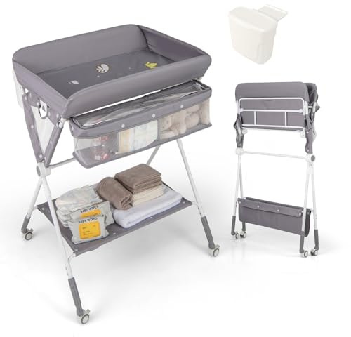 LIFEZEAL 5-en-1 Table à Langer Pliable à roulettes, Table a Langer Bebe Hauteur Réglable avec Panier de Rangement, Séchoir à Linge, Poubelle, Charge de 11/25 kg, 0-12 Mois (Gris)
