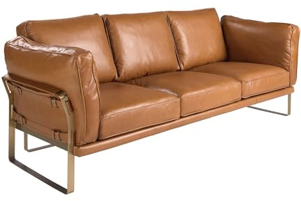 ÁNGEL CERDÁ - 3 Sitzer Couch aus Kamelfarbenem Leder und mit Goldenen Details - Robuste Struktur aus Kiefernholz und Beine aus Edelstahl - 222 x 90 x 84 cm