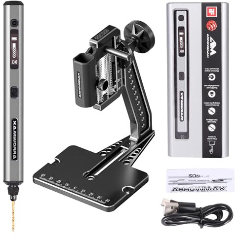ARROWMAX 5-Speed Mini Electric Drill Pen with Hedgehog Benchtop Press,10 Small Drill Bits with Aluminium Box, OLED Display, LED Lights, 3/32-Inch Keyless Chuck (SDS Ultra Plus)