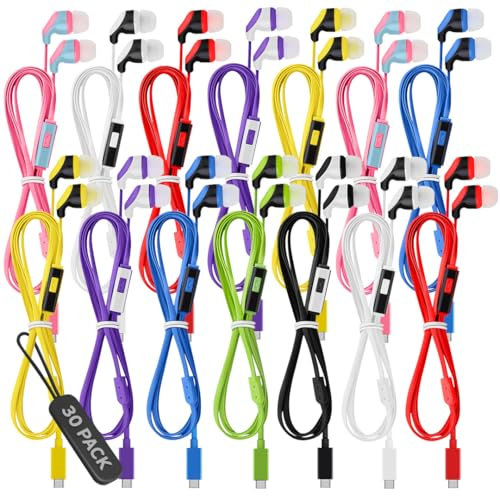 Confezione da 30 auricolari con cavo USB C con microfono, cuffie intrauricolari di tipo C con cancellazione del rumore e controllo del volume, compatibili con iPhone 16/15 Pro, iPad Pro, Galaxy S23