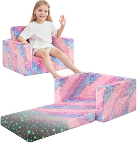 lasoftan Toddler Couch, 2-in-1 Soft Kids Couch Bed Fold Out, Toddler Chairs Comfy for Boys & Girls, Convertible Kids Sofa to Lounge for Playroom, Gift for Birthday, Children's Day- Glow Star