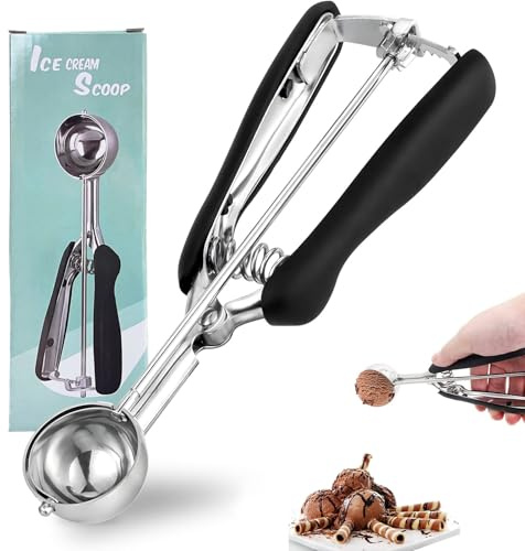 KAIYAYA Cuillère à glace en acier inoxydable 4 cm Cuillère à glace en acier inoxydable 304 avec déclencheur et poignée confortable pour crème glacée, biscuits, pâte, gâteau, riz et pulpe