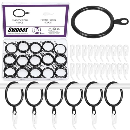 Swpeet 84Pcs 30mm nero anello della tenda della tenda in metallo con gancio tenda in plastica Kit assortimento, dell'occhiello scorrevole, anelli clip per la camera da letto del bar dell'albergo Rod