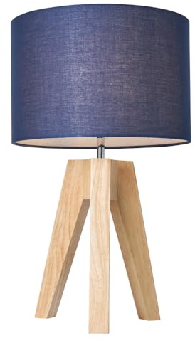 LITECRAFT Devlin Table Lamp Wooden Tripod Base with Drum Shade - (Natural, Navy)