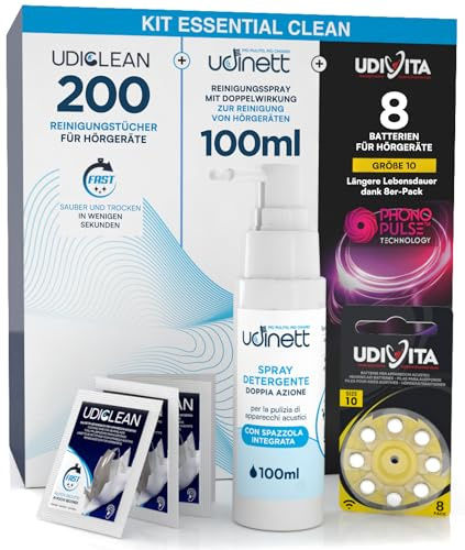 8 Batterien für Hörgeräte Größe 10 PR70 Gelb + 200 Udiclean Reinigungstücher Taschenformat + Reinigungsspray mit Integrierter Bürste Udinett 100ml - Kit Essential Clean