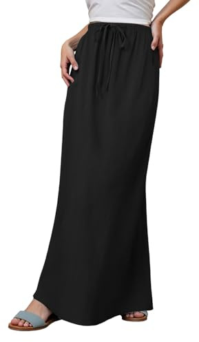 La même jupe maxi en lin pour femme, jupes trapèze tendance et confortables avec cordon de serrage à la taille, vacances mignonnes, bohème, longues jupes fluides et larges jupes longues, Noir , M