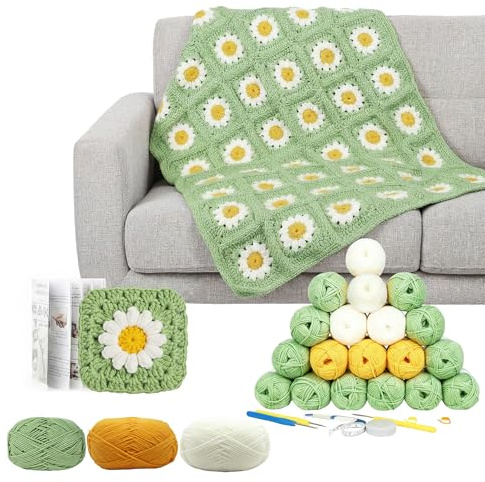 TOLASTO Häkelkit, Häkendecke Kit, Vollständiges Anfänger-Häkelkit für Erwachsene mit schrittweisen Anleitungsbuch, Garn & Accessoires, Granny-Square-Deckenkit
