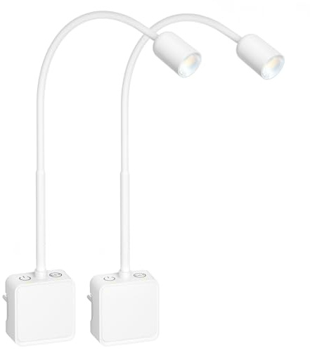PRINCEWAY Lampara de Mesita de Noche Lectura Dormitorio Pared Foco LED con Enchufe, 2 Pack Lámparas Blanca con Dos Interruptor Táctil, 3 Colores de Iluminación, Ángulo de Luz Foco 50°