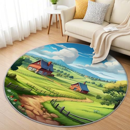 AevuCub Hütte Teppich Rund 90 cm Kurzflor - Waschbare Teppiche Wohnzimmer Natur Bauernhöfe - Runder Teppich 90 Durchmesser Kinderzimmer - Bettvorleger Schlafzimmer rutschfest Weich