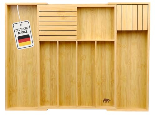 Roxlin Bambus Besteckkasten für Küchenschubladen – verstellbar mit 7–9 Fächern – ausziehbarer Organizer für Besteck, Messer & Küchenzubehör (Messerhalter)
