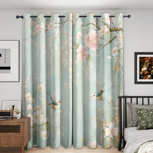 Generisch Vogel Blumen Vorhänge Blickdicht Gardinen mit Ösen, Rosa Floral Deko Muster Wohnzimmer Schlafzimmer Fenster Verdunklungsvorhänge, H 200 x B 140 cm 2er Set O4L1-131