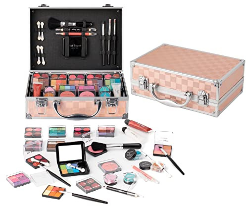 Hot Sugar Girls Makeup Set, Complete Starter Cosmetics Kit with Eye Shadow, Lip Balm, Blush, Lip Gloss, Brushes, Eye Pencils and Mirror (GOLD CHECK)