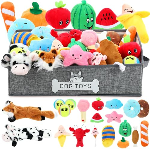 Zopeal Hundespielzeug-Set mit Aufbewahrungsbox, quietschendes Plüschspielzeug, knisterndes Plüsch, keine Füllung, Hundeball und Tennisbälle, interaktives Kau- und Apportierspielzeug für kleine und