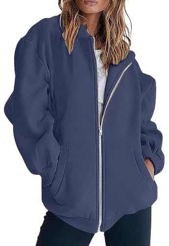 Generisk tröja, jacka, dam, lång bomull, tröja, dam, vinter, huvtröja, extra blus med fickor, övergångsjacka, sport, huvtröja, fritid, toppar, löparjacka, långärmad skjorta, passform, marinblå, XXL