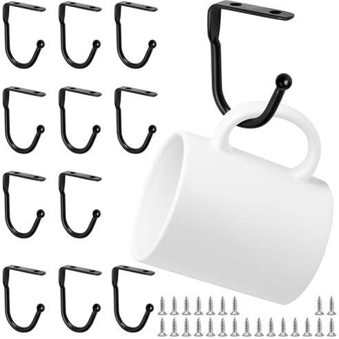 MOERDIFFER 12 Pcs Mug Hooks Under Shelf,Under Cabinet Mug Holder,Top Mounted Mug Shelf Hangers with 16 M4 Screws,Mug Hooks Under Cabinet Hook,Cup Hooks for Hanging Cups Utensils (Black)